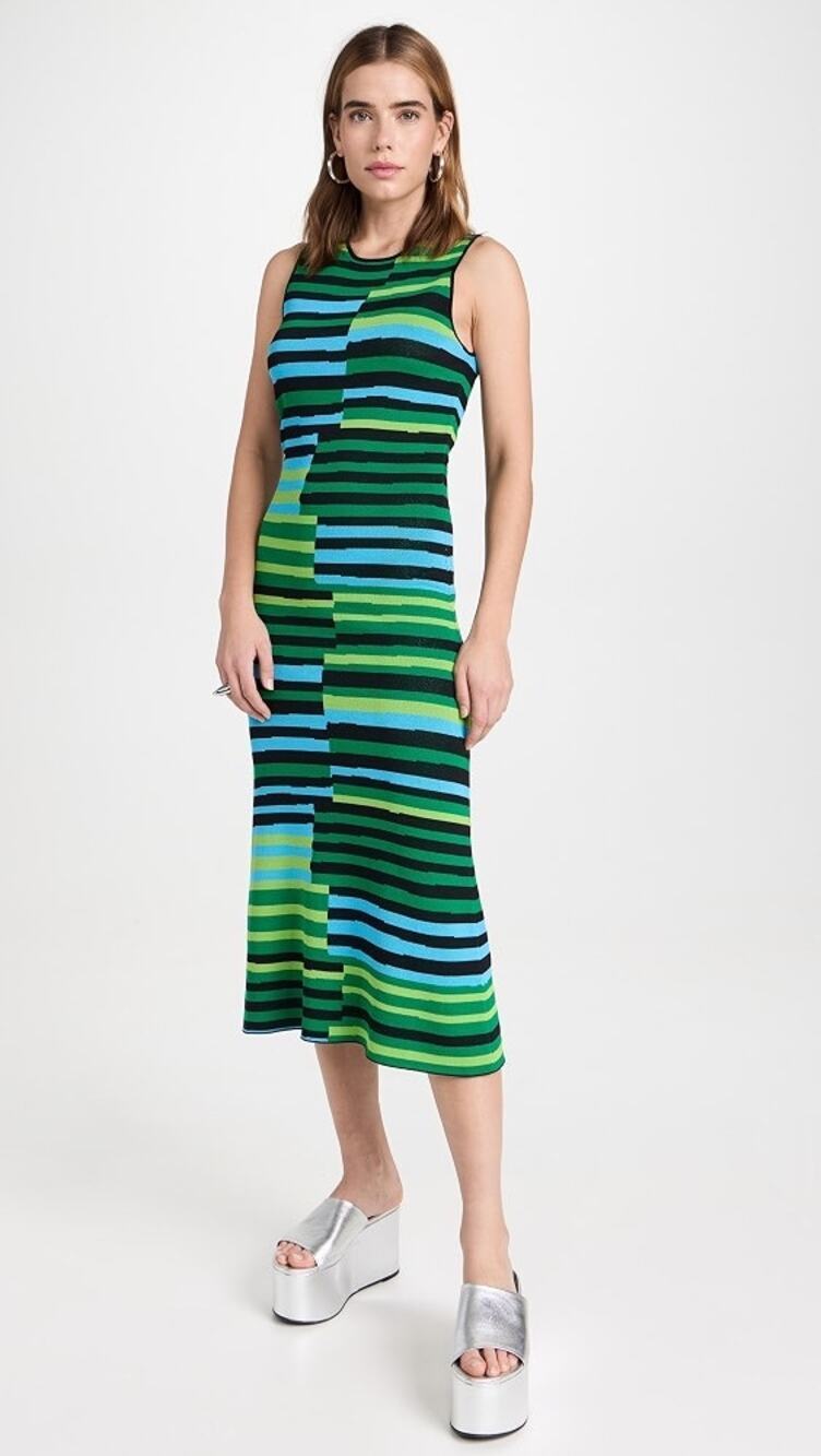 NWT Simon Miller Designer Striped Eclectic Fitted Knit Maxi Dress Green Size S